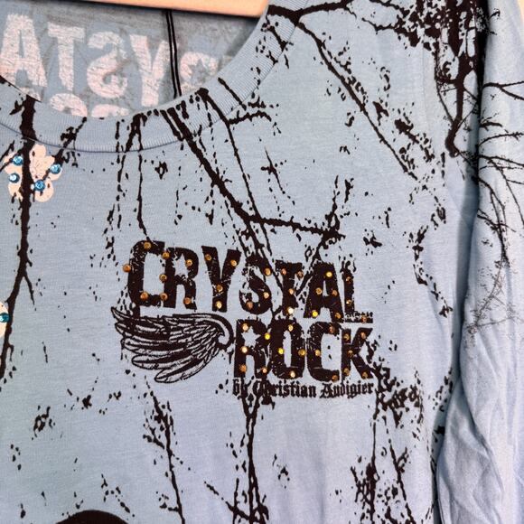 Christian Audigier Crystal Rock Top Womens Large Crane Blossom Y2K Tunic Shirt - Picture 8 of 13